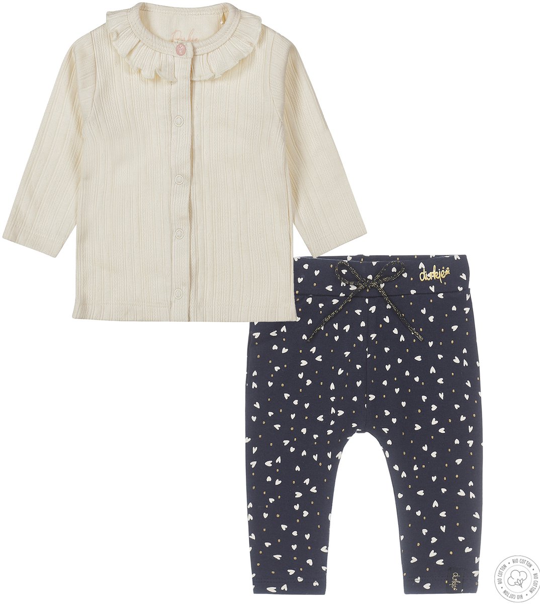 Dirkje - Bio Basic - Kledingset (2 delig) - Broek Navy met hartjes - Blouse Off white - Maat 62