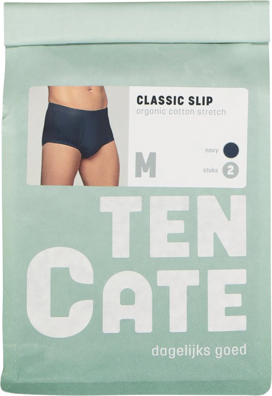Verpakking met twee navy klassieke slips van organic cotton stretch met Ten Cate logo. Op de verpakking staat '2+1 GRATIS'.