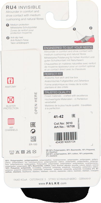 FALKE RU4 Invisible Hardloopsokken anti blaren, gemiddelde padding katoen sportsokken dames zwart - Maat 39-40
