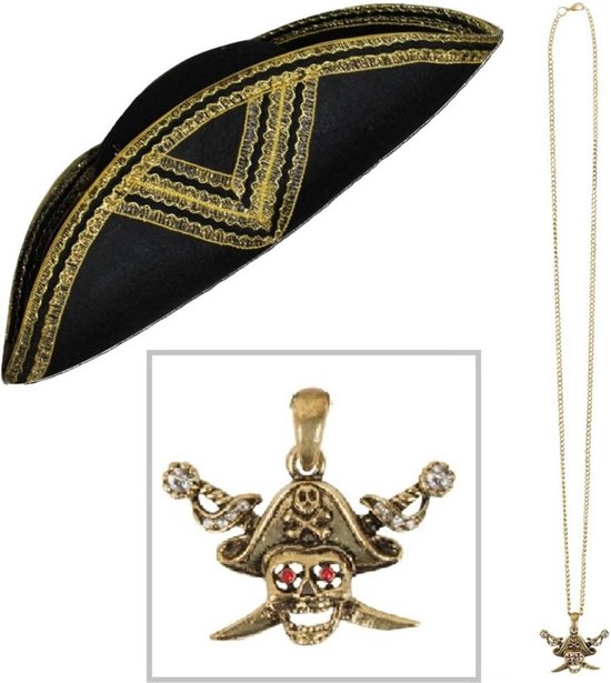 Piratenhoed verkleedset - zwart/goud - en een gouden piraten thema ketting - Heren/Dames