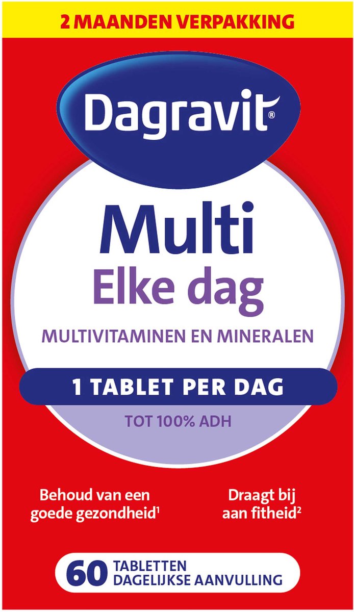 Goedkoopste Dagravit Multi Elke Dag - Multivitaminen en mineralen - Behoud van een goede gezondheid (1) - Draagt bij aan fitheid (2) - 1 tablet per dag - 60 tabletten