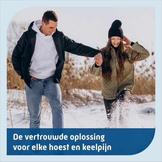 Een koppel loopt hand in hand door de sneeuw. De tekst zegt: De vertrouwde oplossing voor elke hoest en keelpijn.
