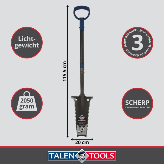 Schoffel met blauw D-handvat. Afmetingen 115,5 cm lang, 20 cm breed. "Lichtgewicht", "2050 gram", "Scherp".