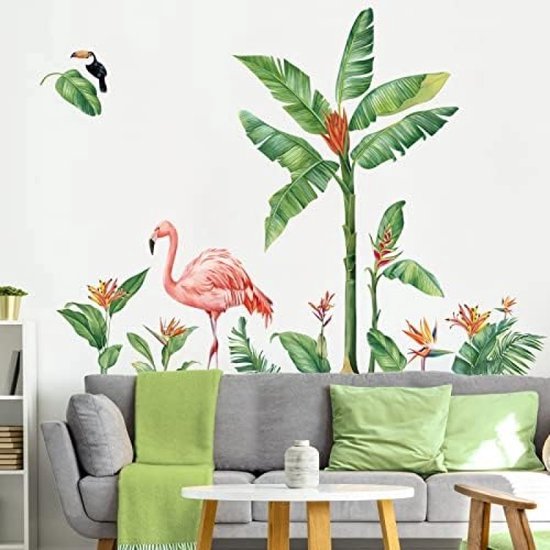 Tropische Bladeren Muurstickers Flamingo Groene Planten Muurtattoo