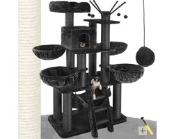 tectake®- Kattenboom XXL – Grote Krabpaal, 195 cm – Plafondhoge krabpaal – Klimboom met ligmanden, hangmatjes, trap en huisjes – Stabiel met sisal bekleed – Speelboom voor katten – Zwart