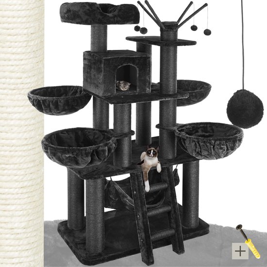 Zwarte kattenkrabpaal met twee katten, klimtouw en muurbevestiging, op een grijze ondergrond.