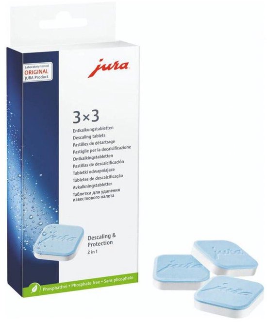 Verpakking Jura ontkalkingstabletten, 'Descaling & Protection', met drie tabletten.