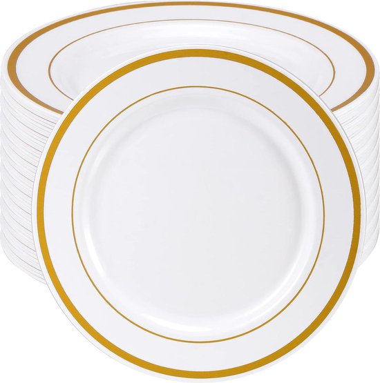 APACALI 40 stuks plastic schalen met gouden rand, witte plastic borden, herbruikbaar met gouden rand, 18 cm, herbruikbare feestborden, goud voor bruiloften, feesten, verjaardagen