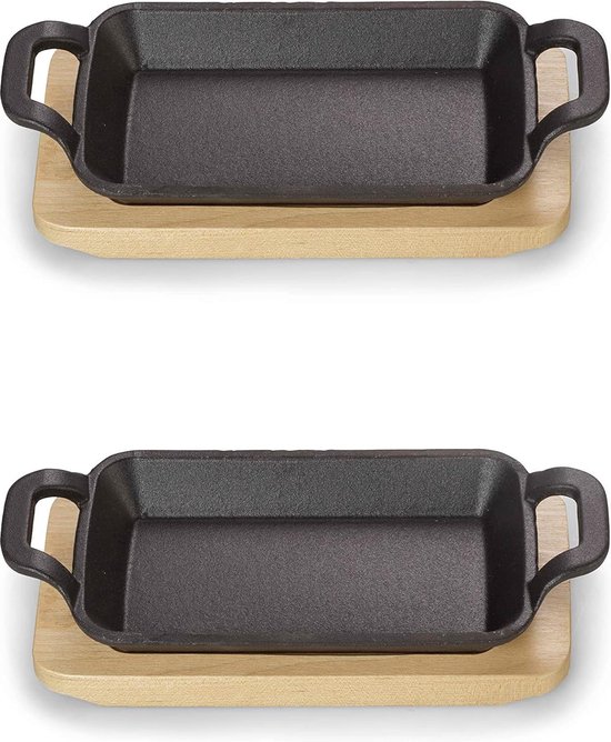 ECHTWERK Serveerschaal van gietijzer, vierkante ovenschaal met serveerplank, al ingebrand, geschikt voor oven, grill, BBQ en inductie, 12,6 cm
