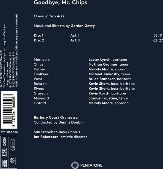De achterkant van de "Goodbye, Mr. Chips" SACD met tracklijsten, artiesten en details van de opname.
