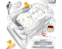 KIDIZ® Babybadje Opvouwbaar met Thermometer | Peuterbadje Ergonomisch, Rutschvrij, Met Zacht Badkussen en Afvoer | Babybad / Baby Bad Set Voor Baby's van 0-12 Maanden | Babybadset - Lichtgrijs