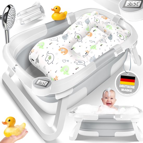 KIDIZ® Babybadje Opvouwbaar met Thermometer | Peuterbadje Ergonomisch, Rutschvrij, Met Zacht Badkussen en Afvoer | Babybad / Baby Bad Set Voor Baby's van 0-12 Maanden | Babybadset - Lichtgrijs