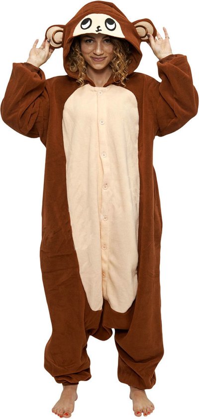 KIMU® Onesie Aap Pak - Maat S-M of 158-164 - Apenpak Monkey Kostuum Bruin Chimpansee Pak - Jungle Jumpsuit Dierenpak Pyjama Dames Heren Halloween