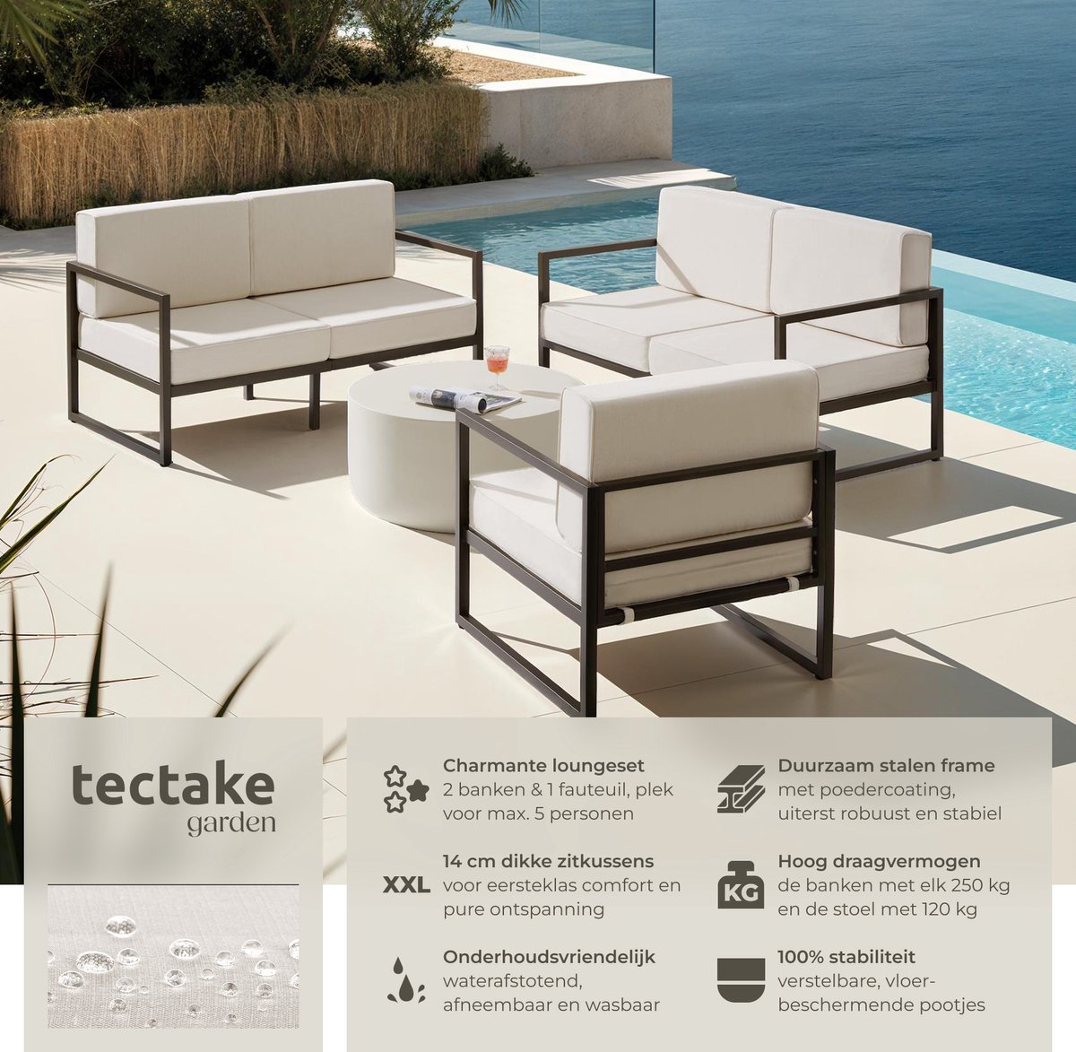 tectake® - Tuin-loungeset Comosa - Voor 5 personen - Tuinset - 2 loungebanken en tuin fauteuil - Waterafstotende en ultradikke zit-en rugkussens - Draagkracht 120kg per zitplaats - Bruin/beige – foto 2