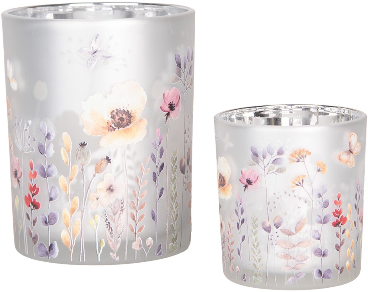 Theelichthouder Set van 2 Ø 7x8 / 10x13 cm Grijs Glas Bloemen