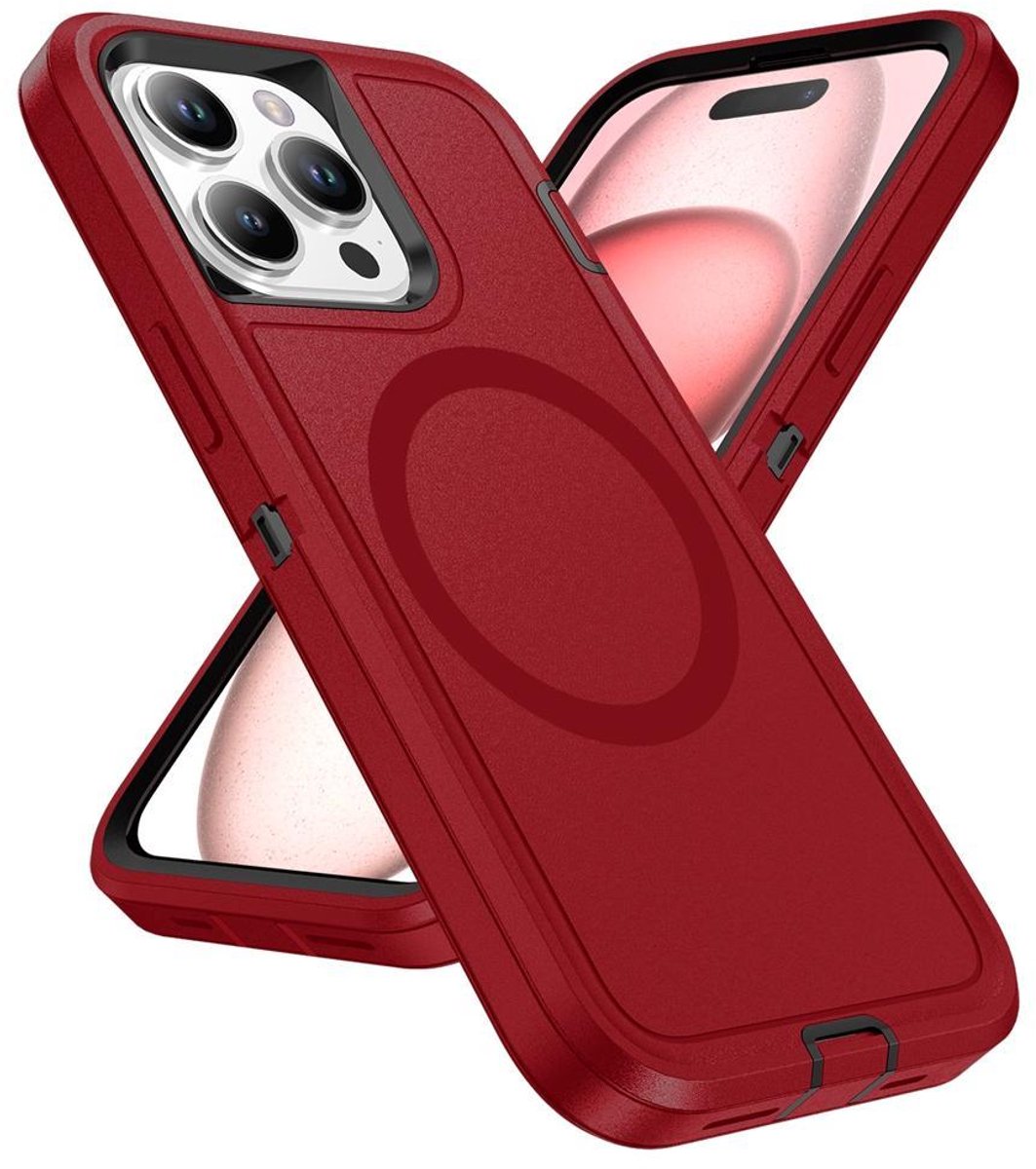 Mobigear Hoesje geschikt voor Apple iPhone 16 Pro MagSafe Telefoonhoesje Hardcase | Mobigear Rugged Mag Backcover Shockproof | Geschikt voor MagSafe | Geschikt voor Draadloos Opladen met Magnetische Ring | Geschikt voor MagSafe Case - Rood
