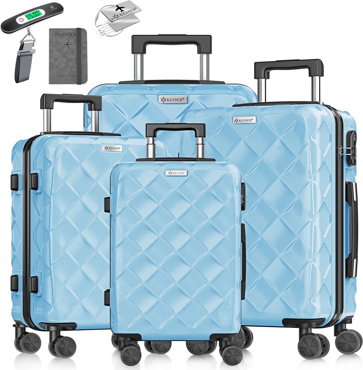 KESSER® Kofferset 4-delig | Reiskoffer met Wielen inclusief Paspoorthouder & kofferweegschaal & bagagelabel | Trolley Reiskofferset met groote Koffers & Handbagage / Ruimbagage - Sky Blue
