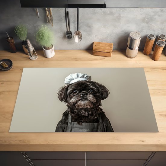 KitchenYeah® Inductie beschermer 85x52 cm - Hondje - Kokskleding - Zwart - Beige - Kookplaataccessoires - Afdekplaat voor kookplaat - Inductiebeschermer - Inductiemat - Inductieplaat mat - Keuken decoratie