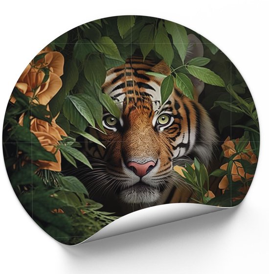 Muurcirkel nieuwsgierige tijger - Ø 60 cm - muurcirkel - jungle muurcirkel - dieren muurcirkel