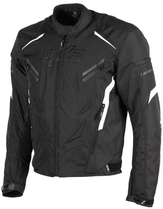 Zwarte motorjas met witte accenten en DXR logo op de voorkant.