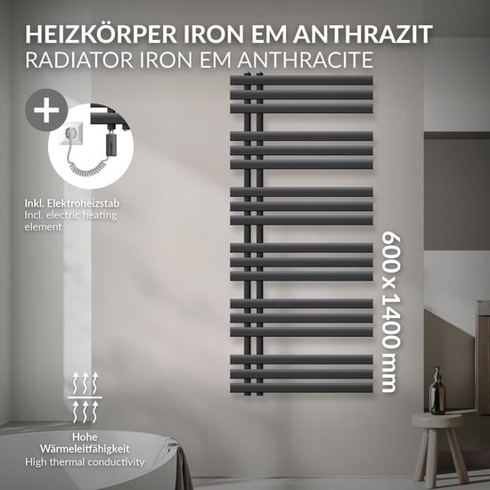 LuxeBath elektrische badkamer radiator Ijzer EM 600x1400 mm antraciet ...