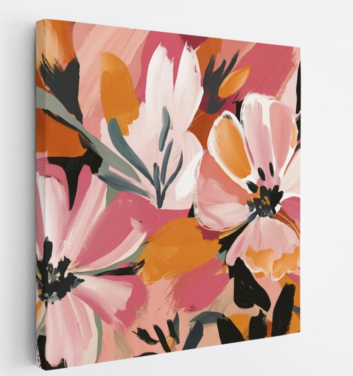 Saammp Canvas Schilderij - Abstracte Bloemen Kunst - Natuur - Abstract - 60x60 - Foto op canvas - Wanddecoratie - Muurdecoratie Woonkamer - Kantoor Decoratie Multicolor
