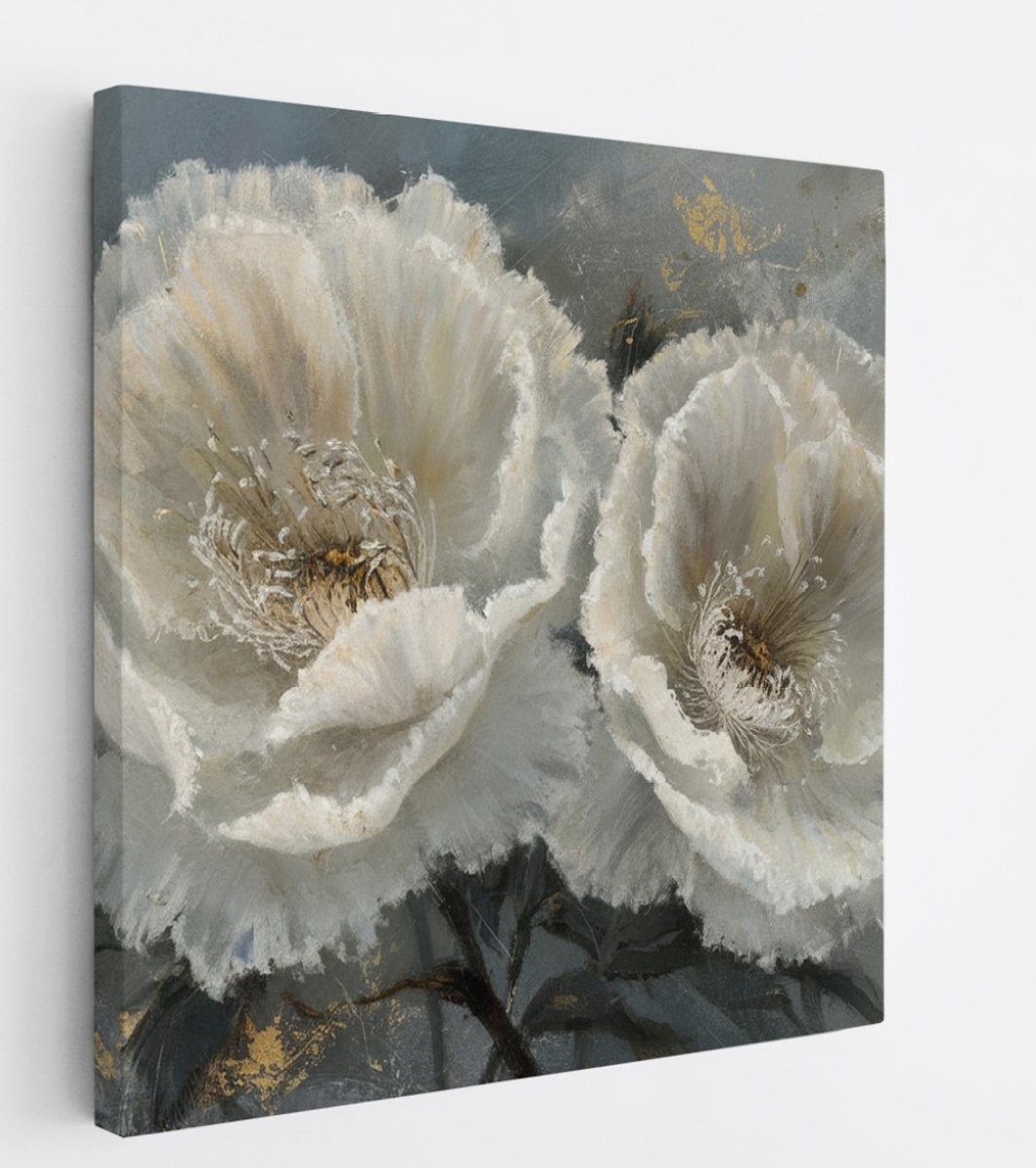 Saammp Canvas Schilderij - Witte Bloemen - blauw - Bloemen - Abstract - 40x40 - Foto op canvas - Wanddecoratie - Muurdecoratie Woonkamer - Kantoor Decoratie Multicolor
