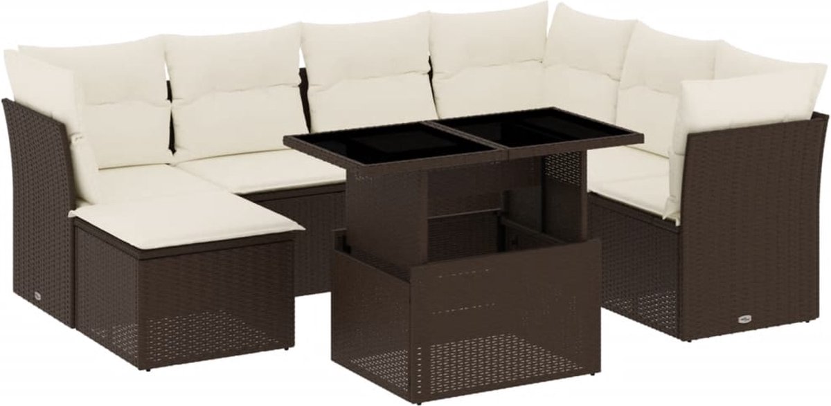 The Living Store 8-delige Loungeset met kussens poly rattan bruin - Tuin Lounge Set - Loungebank - Buitendiner - Poly Rattan - Teak Look