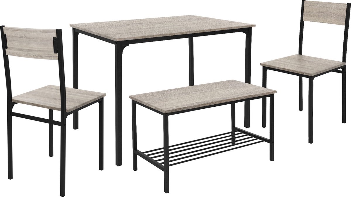 ml-design eettafelset 4-delig, Sonoma eik, eetkamertafel met 2 stoelen 1 bank, eetgroep voor 4 personen, zitgroep keukentafel metalen frame, bartafelset, eetkamergroep voor keuken & eetkamer Lichtgrijs, Zwart
