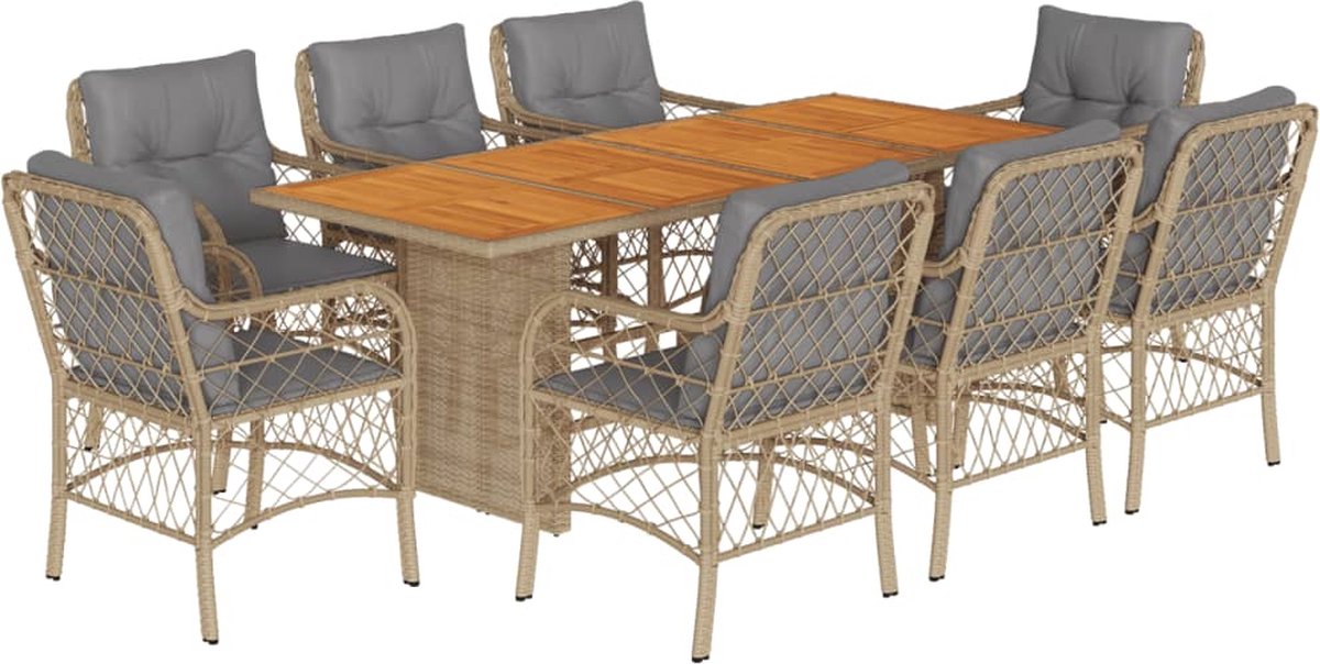 The Living Store 9-delige Tuinset met kussens poly rattan gemengd beige - Tuinset - Eetkamerstoel - Buiszitter - Poly Ratan - Acacia Hout