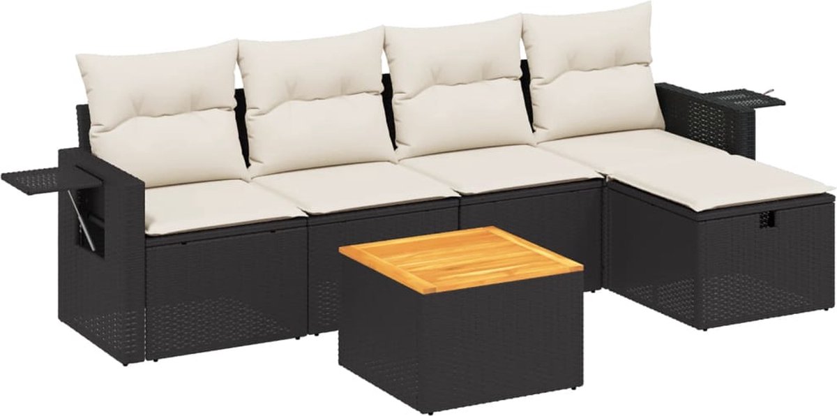 Zwarte poly rattan loungeset met kussens voor buitenmeubilair - The Living Store.