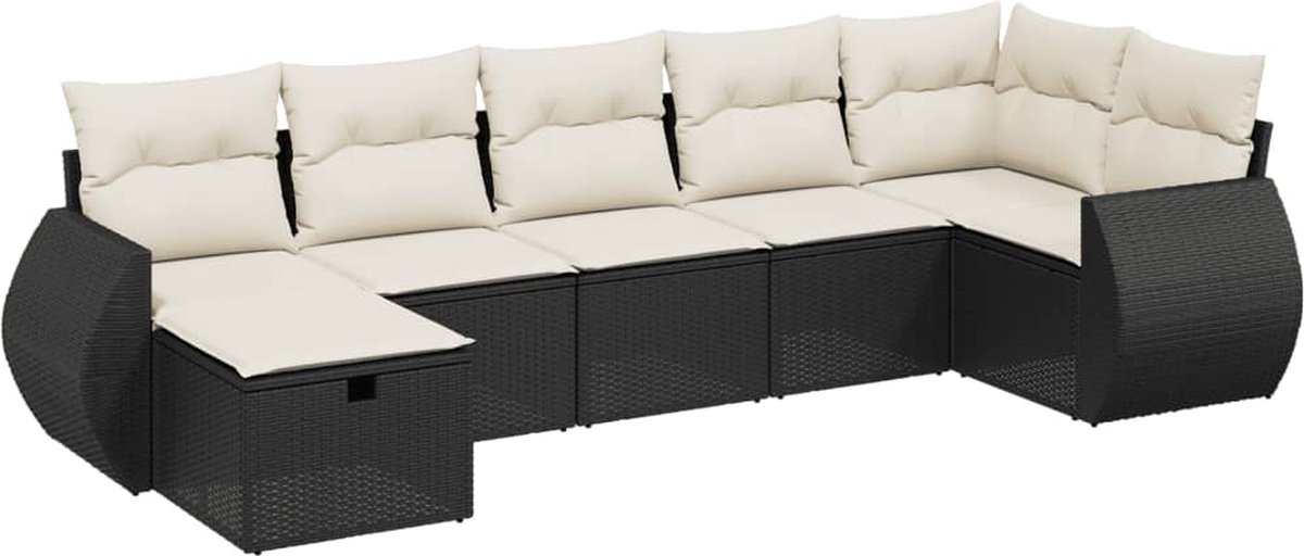 The Living Store 7-delige Loungeset met kussens poly rattan zwart - Loungeset - Tuinset - Lounge - Outdoor Furniture - Tuinmeubels