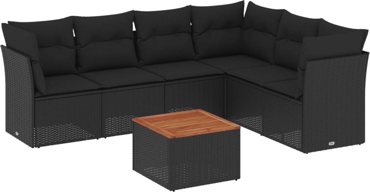 Zwart poly rattan loungeset met kussens voor buiten - The Living Store.