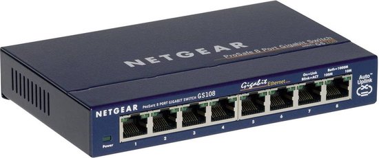 Blauwe Netgear ProSafe 8-poorts Gigabit Switch GS108 met 8 ethernetpoorten, rechts schuin van voren gezien.