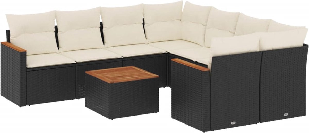 The Living Store 9-delige Loungeset met kussens poly rattan zwart - Loungeset - Tuinlounge - Lounge Set - Buitendiner - Outdoor Furniture