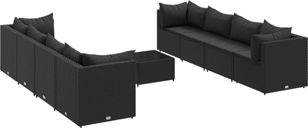 The Living Store 9-delige Loungeset met kussens poly rattan zwart - Loungeset - Lounge Set - Buitendecoratie - Tuinlounge - Tuinmeubels