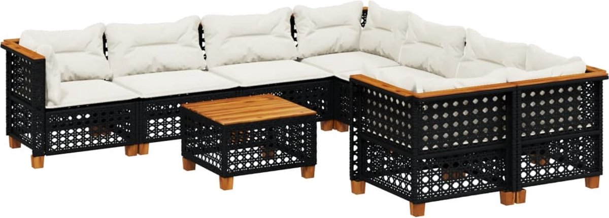 The Living Store 9-delige Loungeset met kussens poly rattan zwart - Loungeset - Loungemeubels - Buitendecoratie - Tuinmeubelen - Pe Rattan