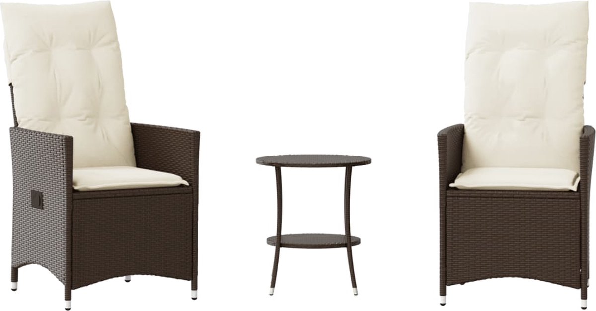 The Living Store 3-delige Bistroset met kussens poly rattan bruin - Tuinmeubles - Bistroset - Lounge Set - Buitentijd - Patio Furniture
