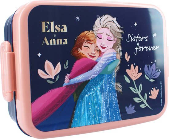 Boîte à lunch bleue avec une image d'Elsa et Anna se serrant dans les bras. "Sisters forever".