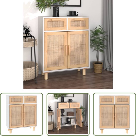 The Living Store Dressoir 60x30x75 cm massief grenenhout en rattan wit - Dressoir - Commode - Opbergmeubel - Salontafel - Livingroom Furniture