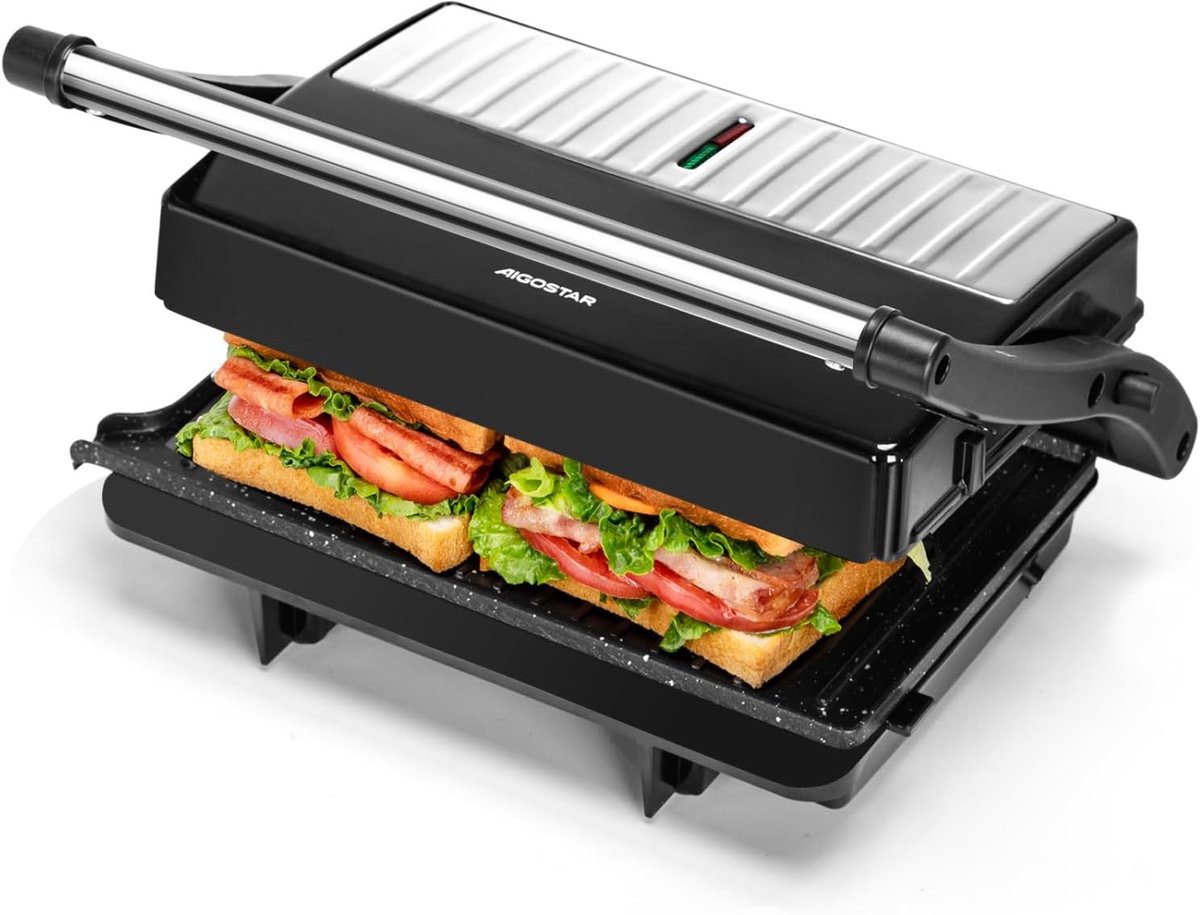 Elektrische Grill en Sandwichtoaster met Antiaanbaklaag – 1000 W, 180° Opening, 3-in-1 Functie