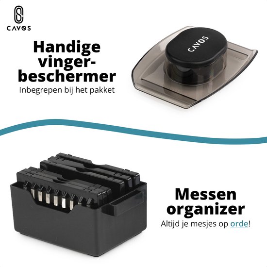Cavos mes organiser en handige vingerbeschermer, inbegrepen bij het pakket.
