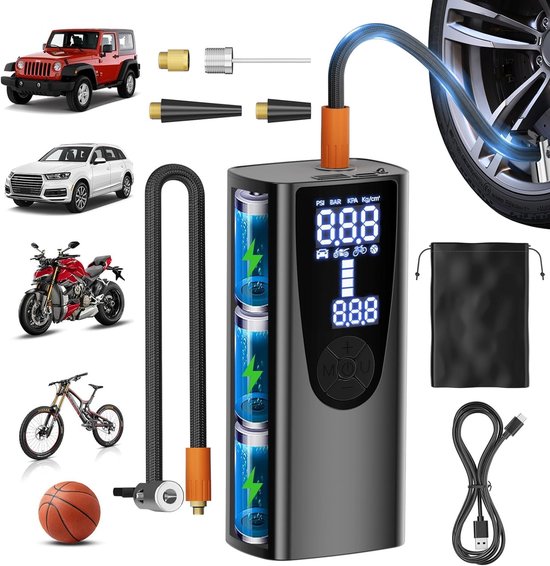 AUSI Elektrische luchtpomp, accu, draagbaar, compressor, luchtpomp, 6000 mAh, 150 psi, 12 V, USB-fietspomp, waterdicht, IP65, auto-off met ledlicht, voor alle bals, fietsen, motorfietsen