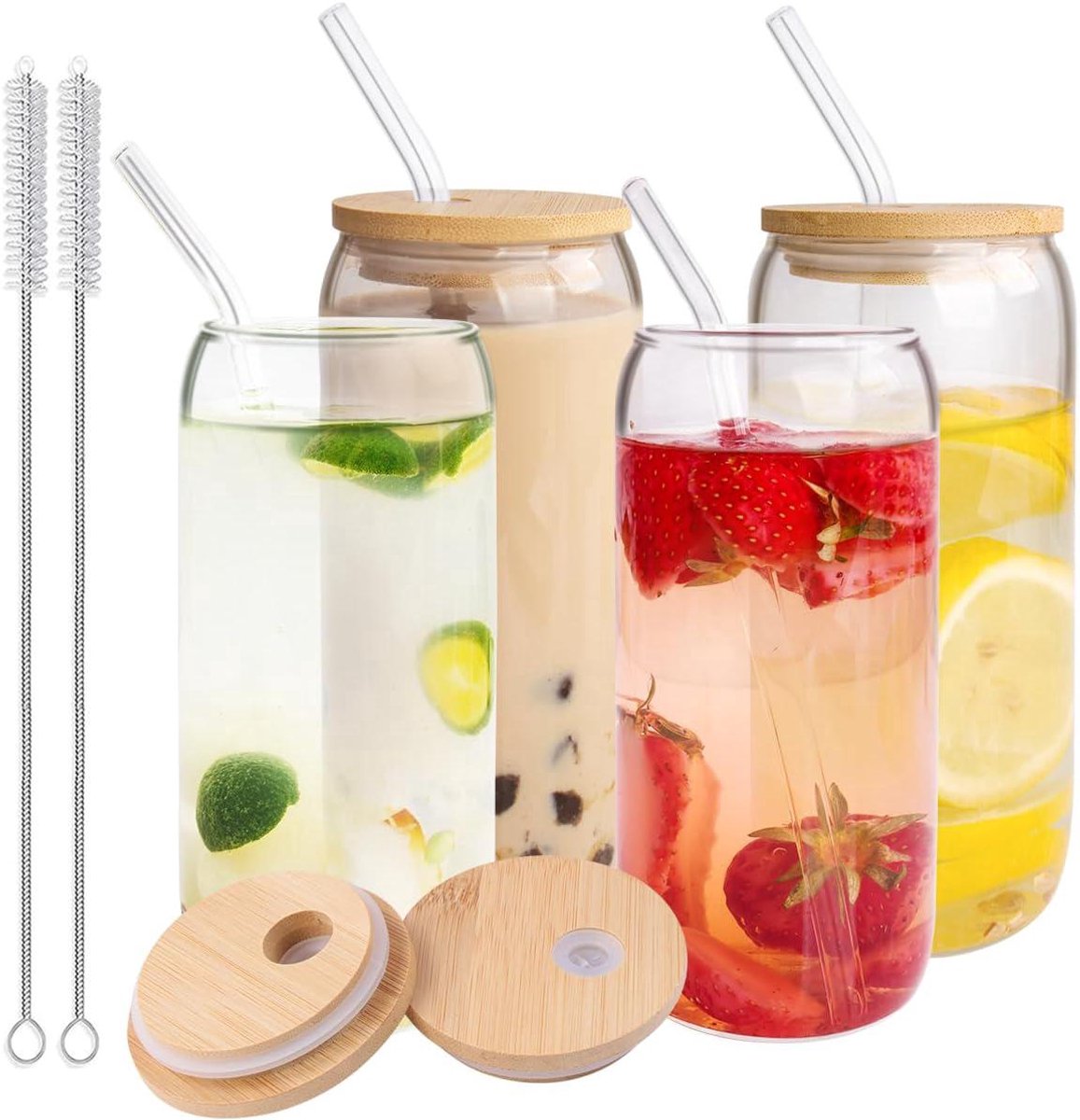 Drinkglazen met bamboe deksels en rietjes - 4 stuks - 500 ml - duurzaam
