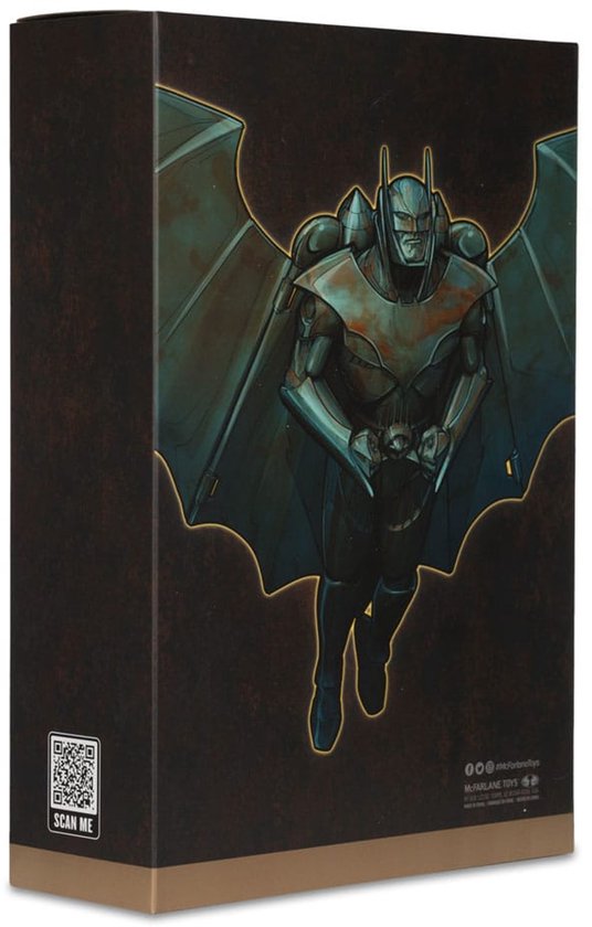 Zijkant van de doos met illustratie van vliegende Batman in patina-editie.