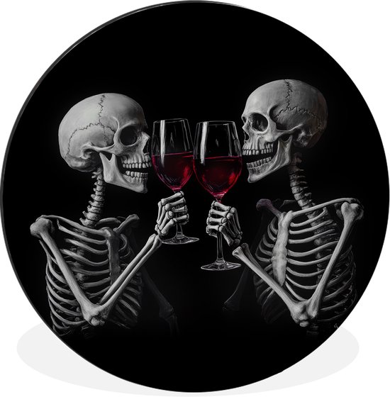WallCircle - Wandcirkel - Muurcirkel - Skeletten - Wijn - Proost - Schedel - Zwart - Aluminium - Dibond - 30x30 cm - Binnen en Buiten