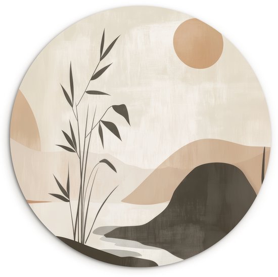 WallCircle® Wandcirkel 30x30 cm - Muurcirkel Japandi - Landschap - Beige - Muurdecoratie woonkamer - Wanddecoratie slaapkamer - Kamer decoratie accessoires - Ronde schilderijen