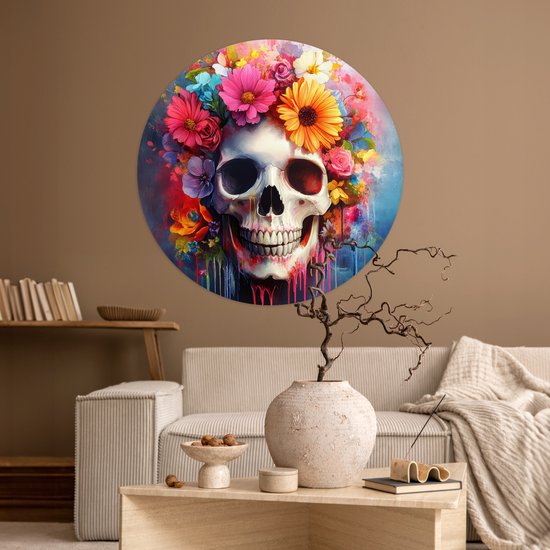 WallCircle® - Behangcirkel 100x100 cm - Muurstickers Schedel - Bloemen - Doodshoofd - Kleurrijk - Muurcirkel woonkamer - Wandcirkel slaapkamer - Kamer decoratie zelfklevend - Muurdecoratie accessoires XXL