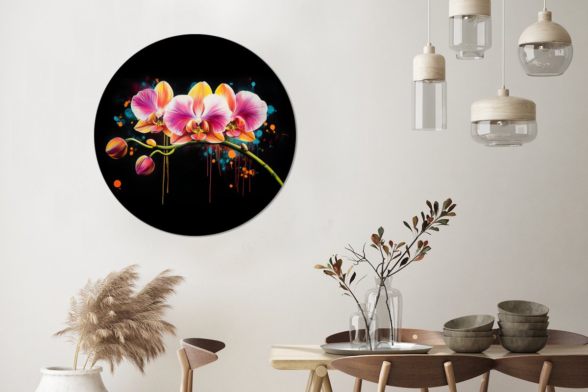 WallCircle - Wandcirkel - Muurcirkel - Orchidee - Graffiti - Kleurrijk - Bloemen - Abstract - Aluminium - Dibond - 90x90 cm - Binnen en Buiten