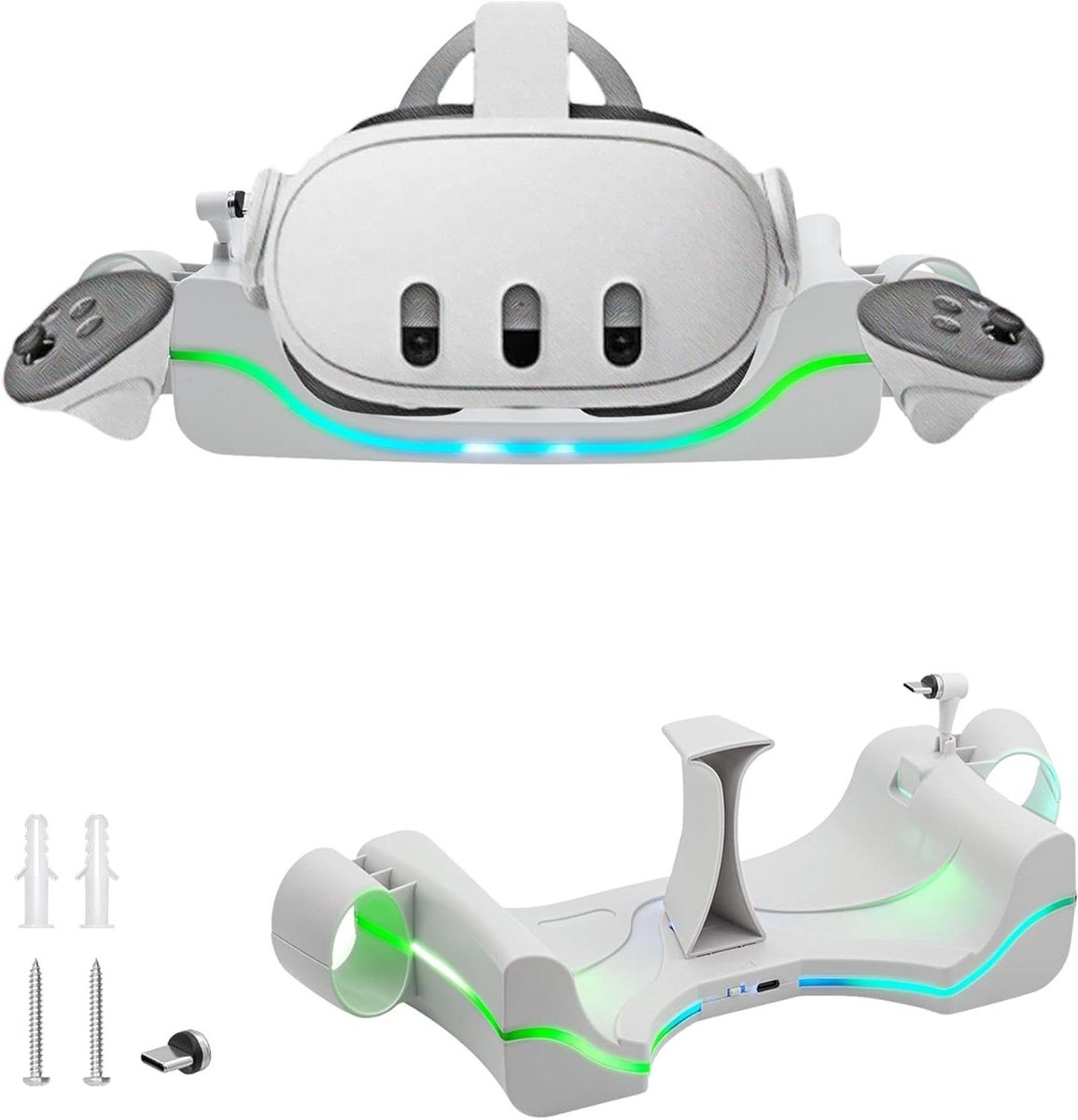 VR Headset Wall Mount Charging Dock with 7 Colors Breathing Light for Quest 3 - White
